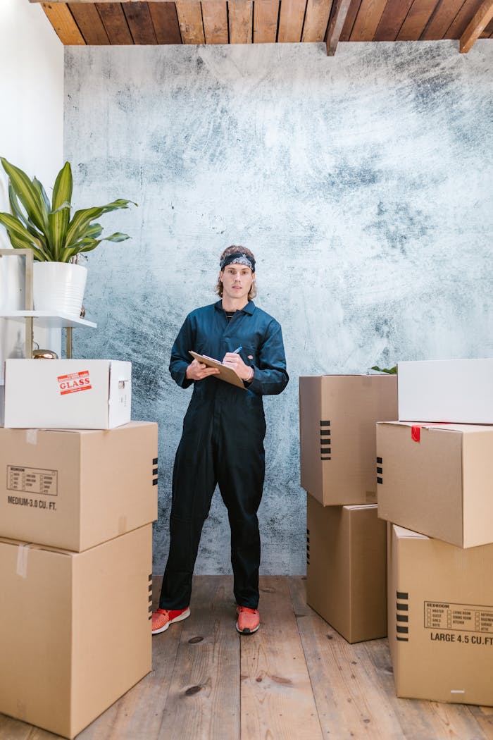 Professional mover in coveralls organizing packages for moving day.